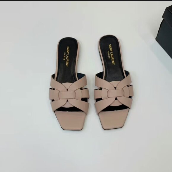 Yves Saint Laurent Shoes - Saint Laurent Nude Leather Tribute Flat Sandals